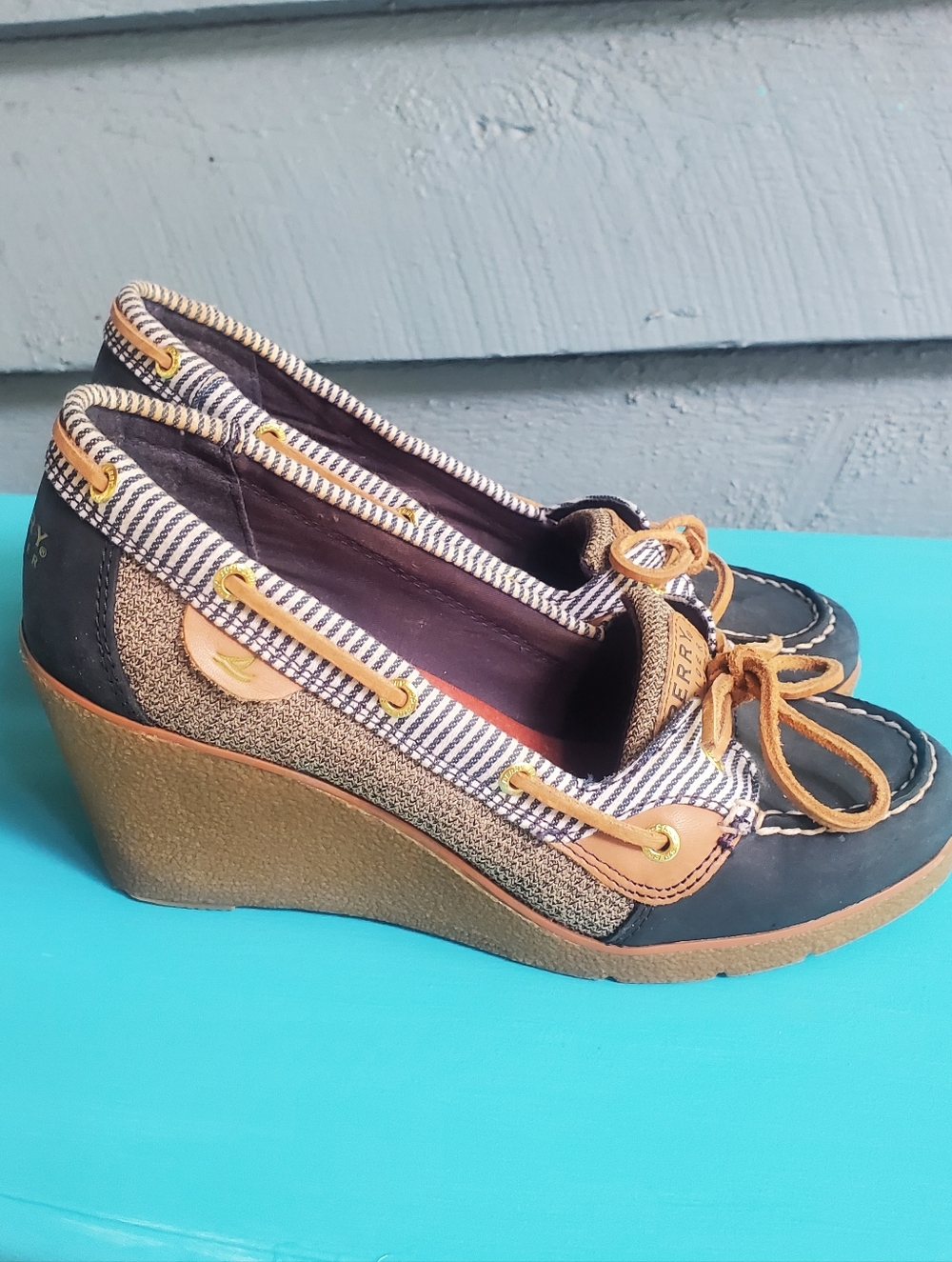 Sperry Striped Navy & Tan Wedge Boat Shoes